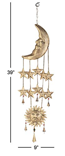 Deco 79 Metal Sun and Moon Windchime with Glass Beads and Cone Bells, 9" x 1" x 39", Gold