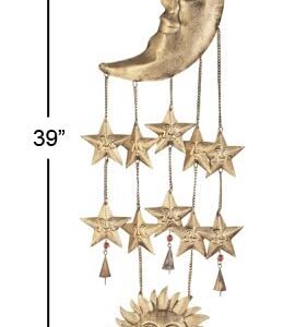 Deco 79 Metal Sun and Moon Windchime with Glass Beads and Cone Bells, 9" x 1" x 39", Gold