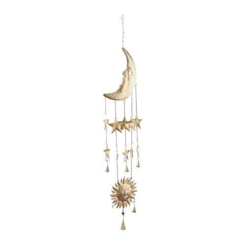 Deco 79 Metal Sun and Moon Windchime with Glass Beads and Cone Bells, 9" x 1" x 39", Gold