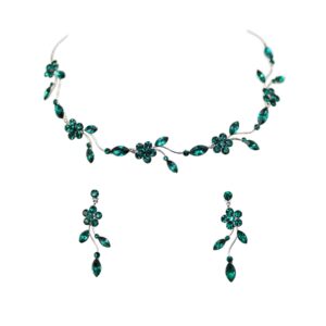 Faship Gorgeous Green Rhinestone Crystal Floral Necklace Earrings Set - Green