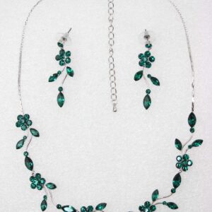 Faship Gorgeous Green Rhinestone Crystal Floral Necklace Earrings Set - Green