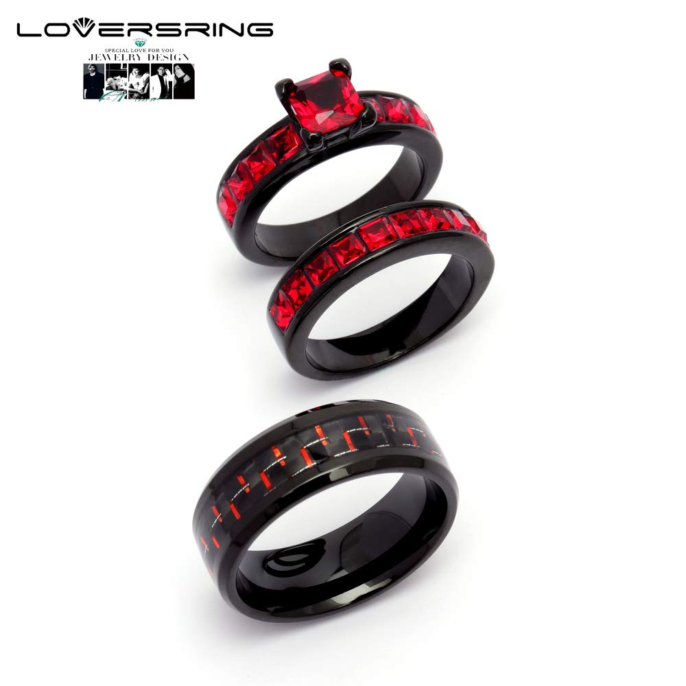 LOVERSRING Two Rings His and Hers Couple Ring Bridal Set His Hers 3pc Women Black Gold Filled Red Cz Man Stainless Steel Wedding Ring Band Set