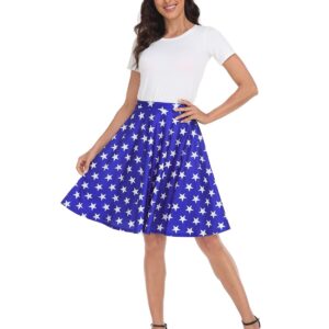 HDE Skirts for Women - Midi Skirt Skater Skirt Knee Length High Waist Fun Prints Blue & White Stars - XL