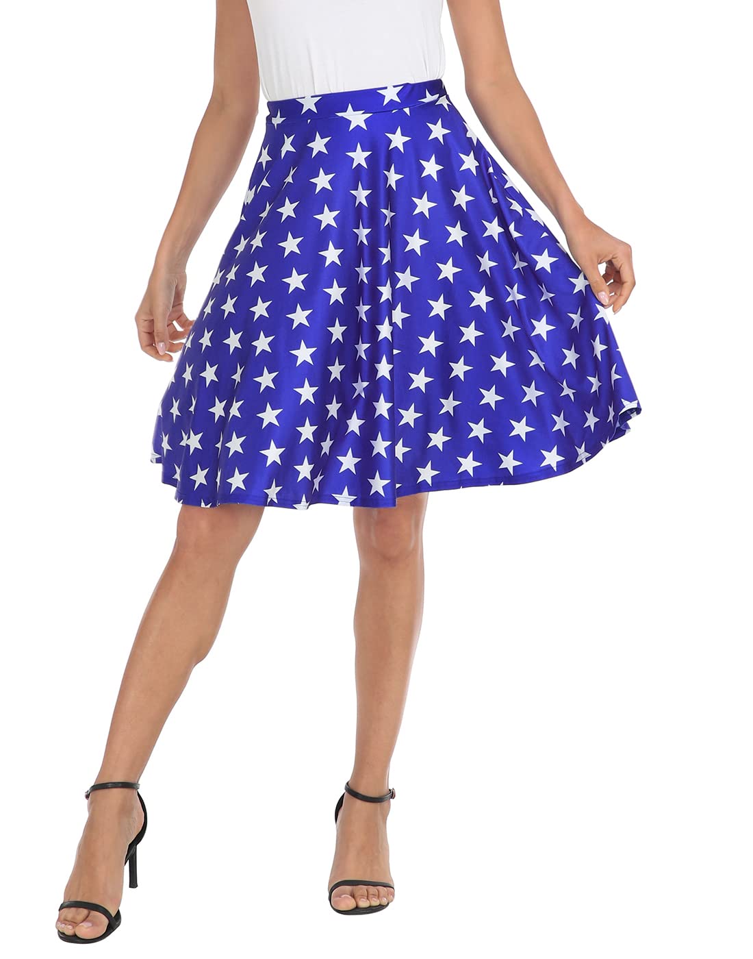 HDE Skirts for Women - Midi Skirt Skater Skirt Knee Length High Waist Fun Prints Blue & White Stars - XL