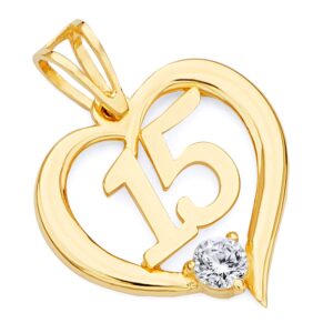 14k real yellow gold cz 15 years heart charm pendant