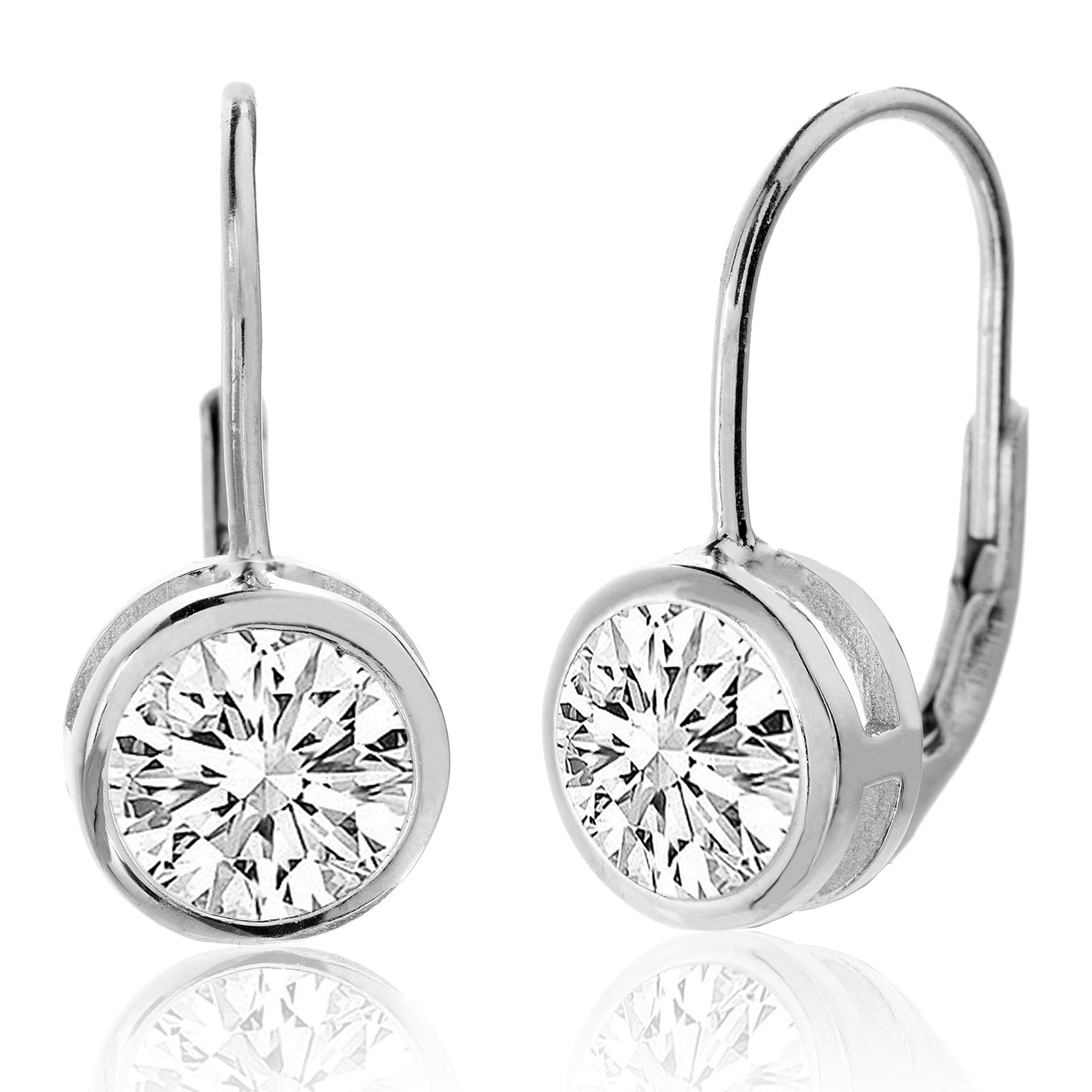 Mia Sarine Rhodium Plated 925 Sterling Silver 8mm Round Bezel Set Solitaire Cubic Zirconia Leverback Earrings for Women White