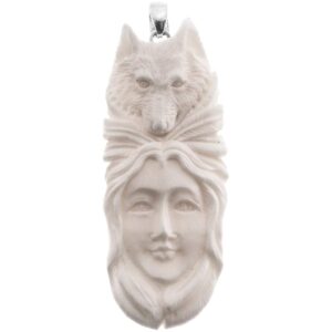 native indian totem wolf buffalo bone 925 sterling silver pendant, 3"