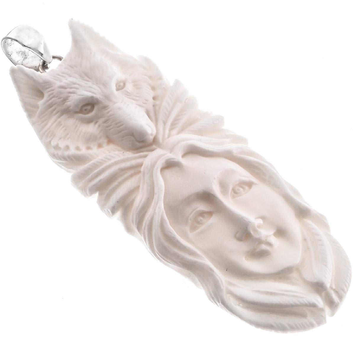 Native Indian Totem Wolf Buffalo Bone 925 Sterling Silver Pendant, 3"