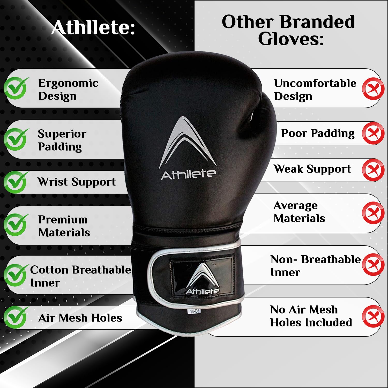 Athllete Youth Boxing Gloves for Men & Women, Boxing Training Gloves, Kickboxing Gloves, Sparring Punching Gloves, Heavy Bag Workout Gloves for Boxing, Kickboxing, Muay Thai, MMA (Black/Silver,8 oz)