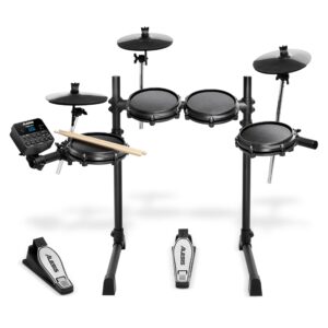 alesis turbo mesh kit – electric drum set with 100+ sounds, quiet mesh drum pads, drum sticks, connection cables, drum lessons