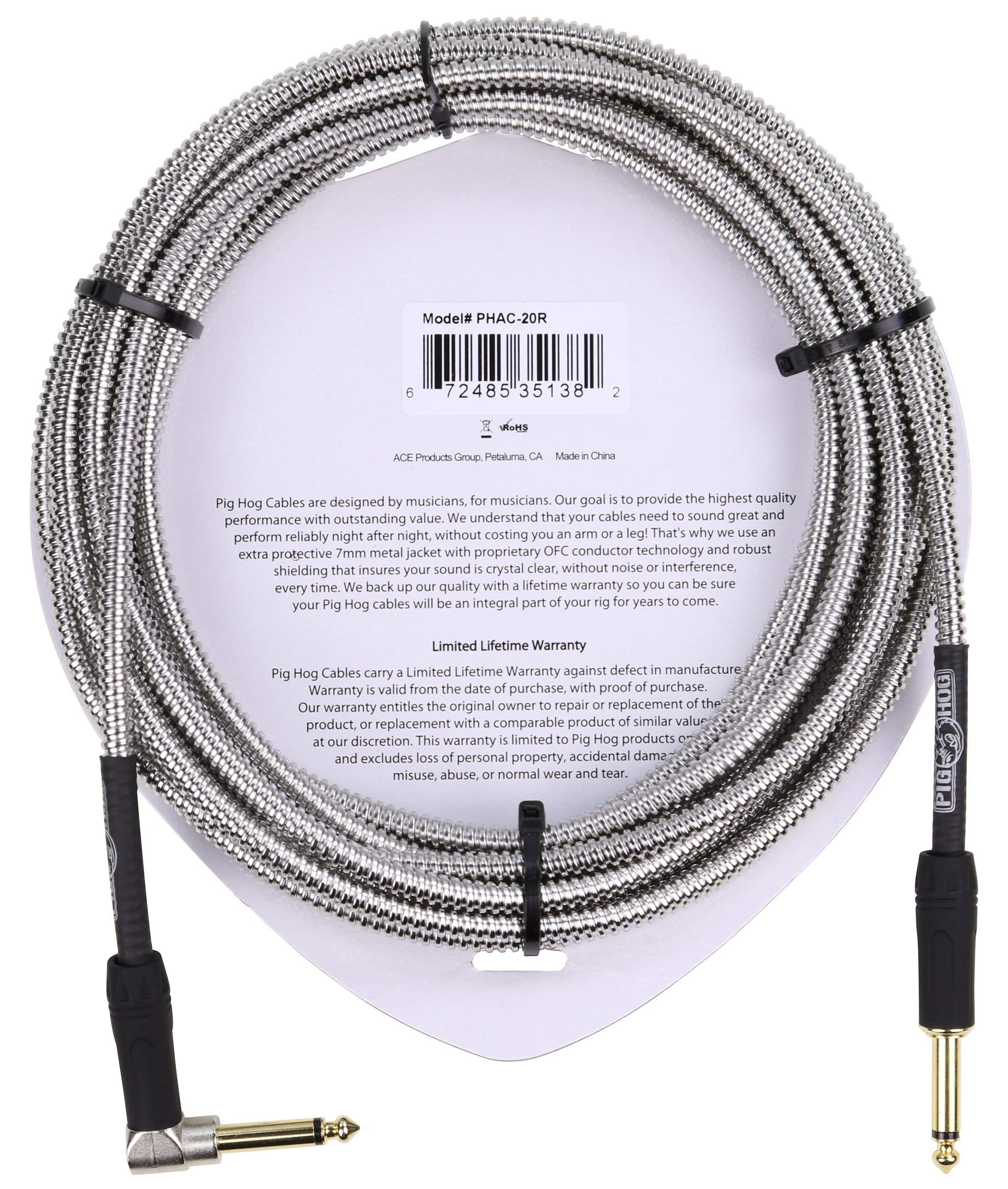 Pig Hog PHAC-20R Armor Clad Right-Angle 1/4" to 1/4" Guitar Instrument Cable, 20 Feet