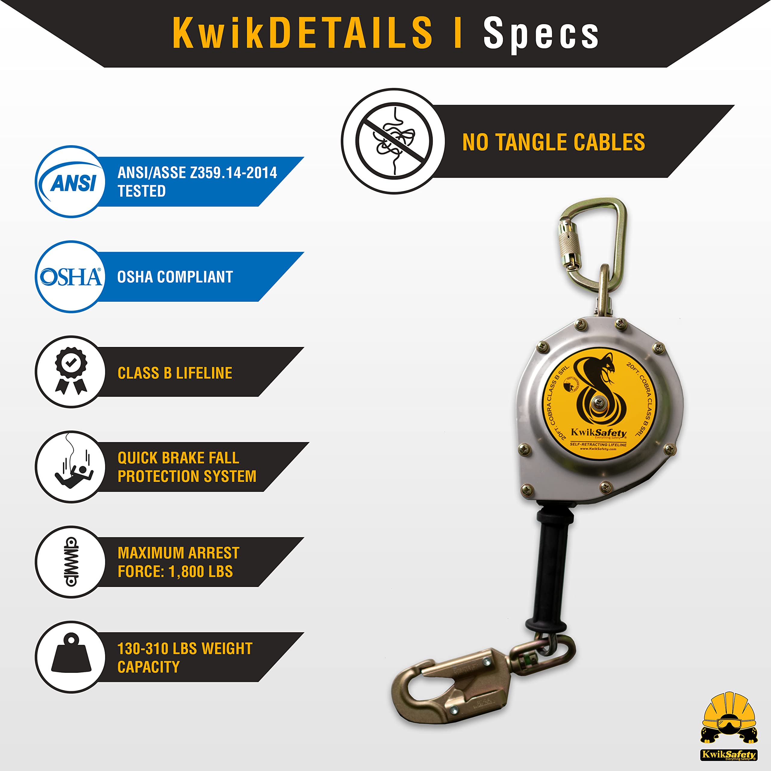 KwikSafety - Charlotte, NC - Cobra 30' Self Retracting Lifeline [NO Tangle Steel Cable] Class B SRL ANSI OSHA Retractable Fall Arrest Safety Construction Roofing PPE Gear