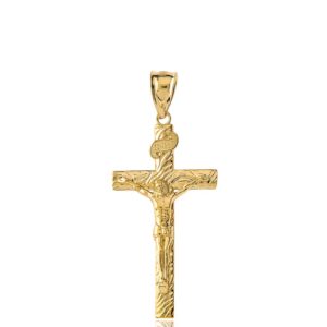 Solid 10k Yellow Gold Wood Textured Crucifix Cross Pendant (1.66")