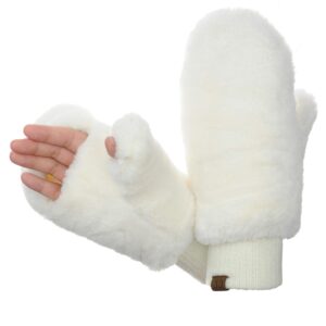 C.C Women's Faux Fur Wrist Length Fingerless Sherpa Lined Convertible Mittens Gloves-Ivory