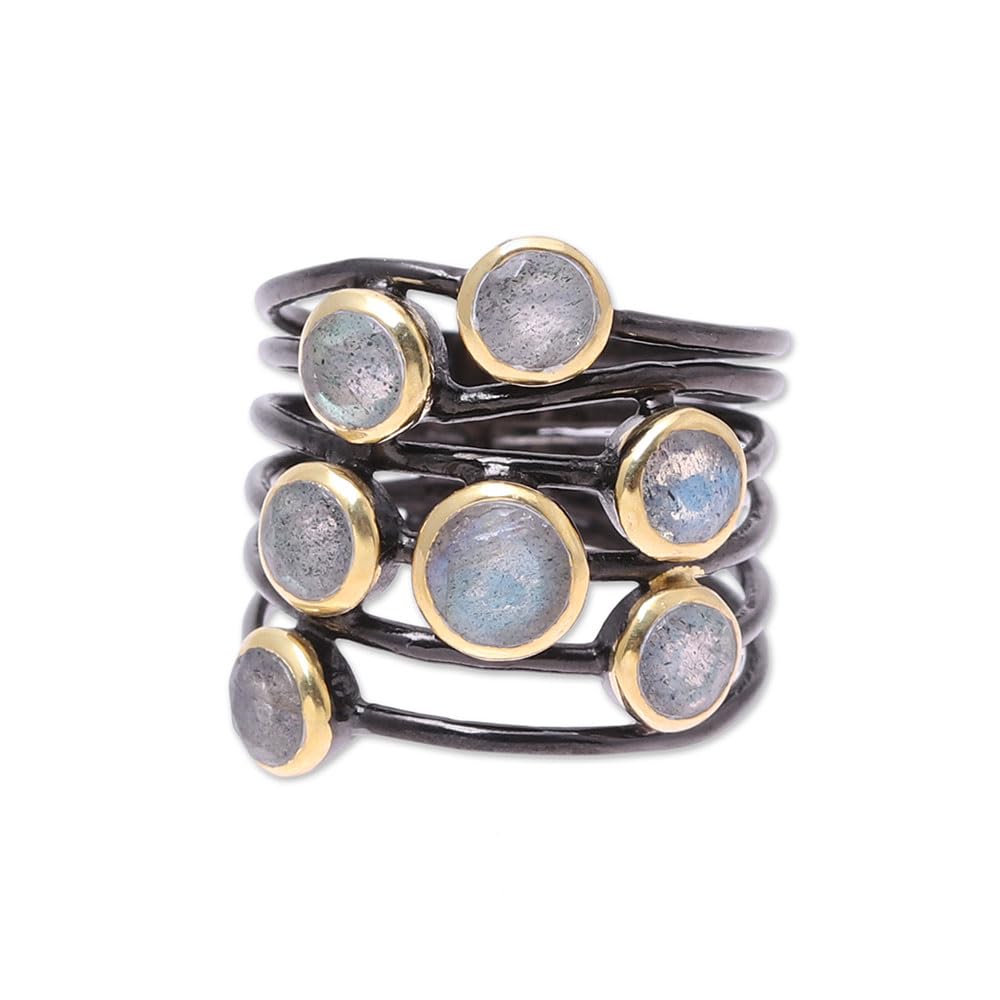 NOVICA Artisan Handmade Gold Accented Labradorite Cocktail Ring Multistone from India Sterling Silver Modern Bohemian [ring Front 0.8 in L x 0.7 in W x 0.2 in H Band Width 8 mm W] ' Dewy Morn'