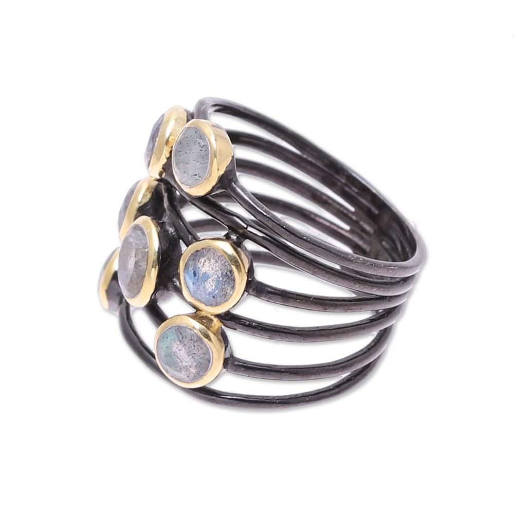 NOVICA Artisan Handmade Gold Accented Labradorite Cocktail Ring Multistone from India Sterling Silver Modern Bohemian [ring Front 0.8 in L x 0.7 in W x 0.2 in H Band Width 8 mm W] ' Dewy Morn'