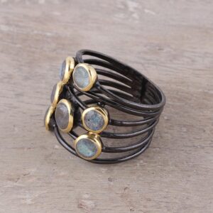 NOVICA Artisan Handmade Gold Accented Labradorite Cocktail Ring Multistone from India Sterling Silver Modern Bohemian [ring Front 0.8 in L x 0.7 in W x 0.2 in H Band Width 8 mm W] ' Dewy Morn'