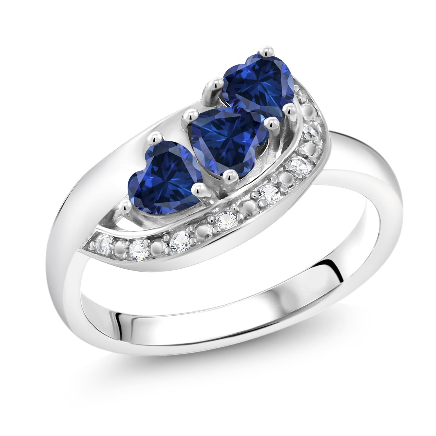 Gem Stone King 925 Sterling Silver Blue Created Sapphire and White Created Sapphire Engagement Ring For Women (1.56 Cttw, Gemstone September Birthstone, Heart Shape 4MM, Size 7)