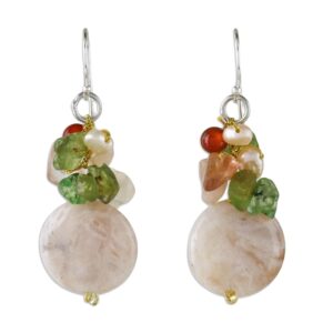 novica artisan handmade multigemstone dangle earrings beaded cluster from thailand quartz peridot pearl freshwater cultured birthstone [1.8 in l x 0.6 in w] ' thai joy'