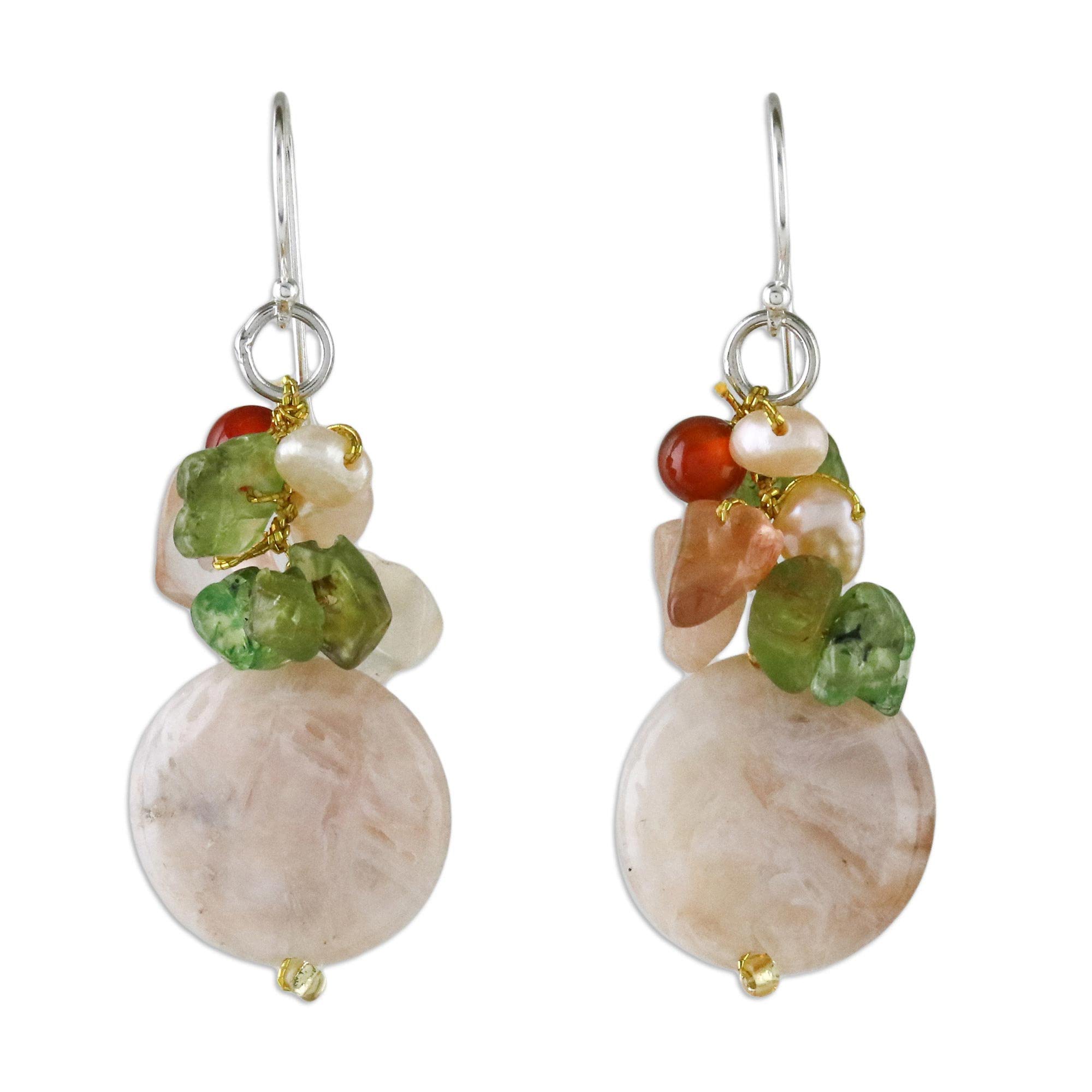 NOVICA Artisan Handmade Multigemstone Dangle Earrings Beaded Cluster from Thailand Quartz Peridot Pearl Freshwater Cultured Birthstone [1.8 in L x 0.6 in W] ' Thai Joy'