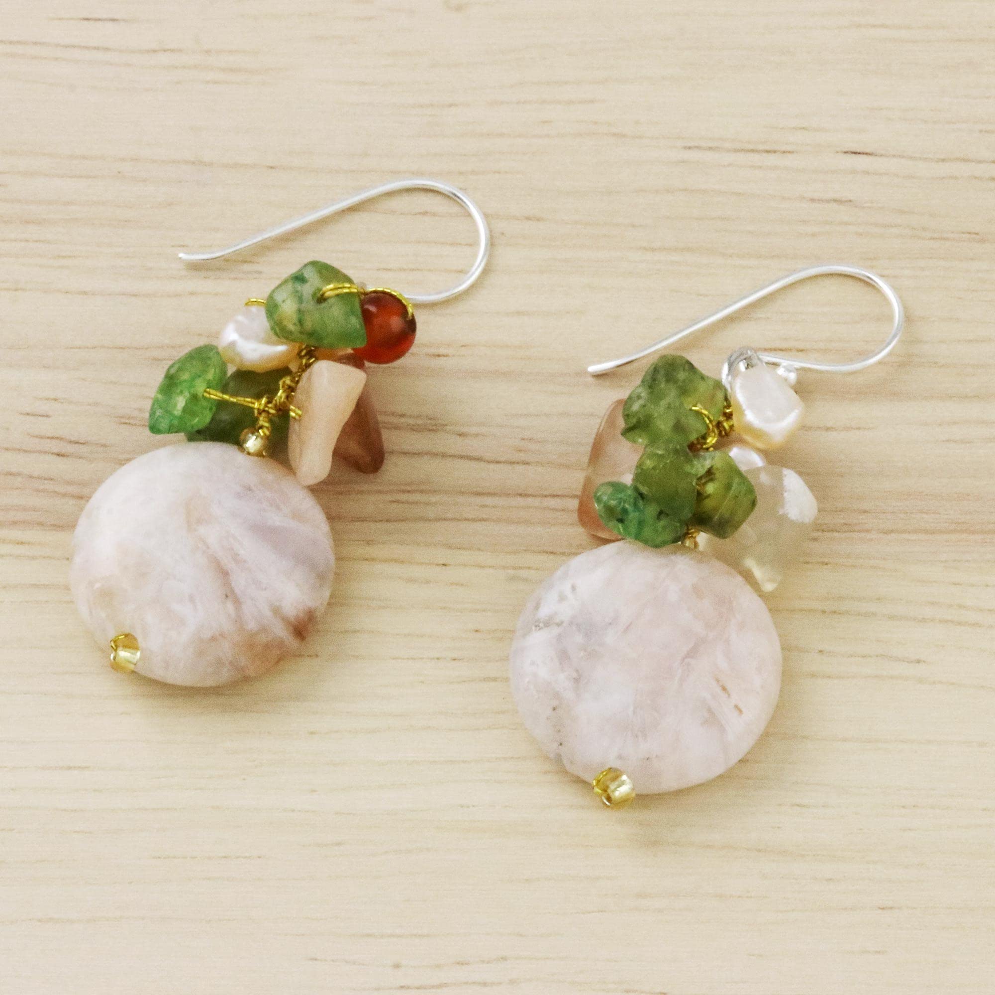 NOVICA Artisan Handmade Multigemstone Dangle Earrings Beaded Cluster from Thailand Quartz Peridot Pearl Freshwater Cultured Birthstone [1.8 in L x 0.6 in W] ' Thai Joy'