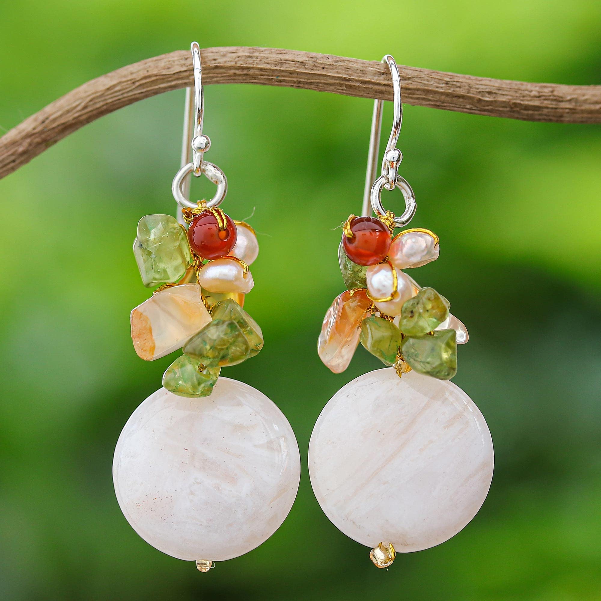 NOVICA Artisan Handmade Multigemstone Dangle Earrings Beaded Cluster from Thailand Quartz Peridot Pearl Freshwater Cultured Birthstone [1.8 in L x 0.6 in W] ' Thai Joy'