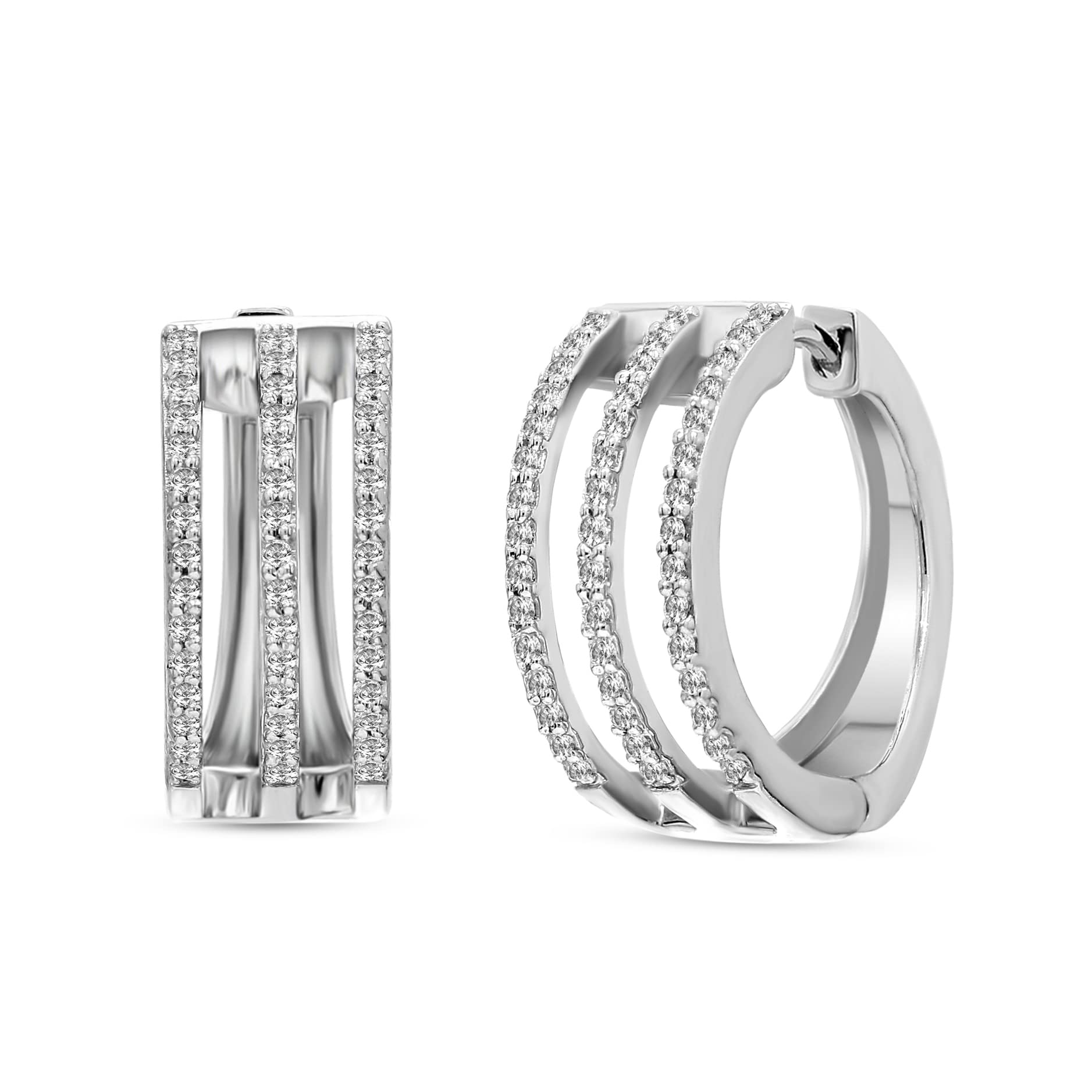 1/4 Carat | 10K White Gold | IGI Certified Lab Grown3 Line Hoop Diamond Earrings Prong Setting | Round Shape Diamond | Friendly Diamonds Earrings | G-H Color, SI1 Clarity