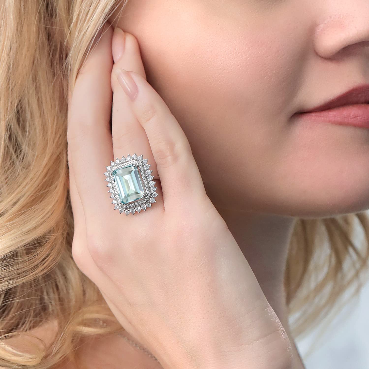 Gem Stone King 925 Sterling Silver Sky Blue Simulated Aquamarine Ring For Women (7.24 Cttw, Emerald Cut 14X10MM, Available In Size 5, 6, 7, 8, 9)