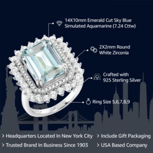 Gem Stone King 925 Sterling Silver Sky Blue Simulated Aquamarine Ring For Women (7.24 Cttw, Emerald Cut 14X10MM, Available In Size 5, 6, 7, 8, 9)