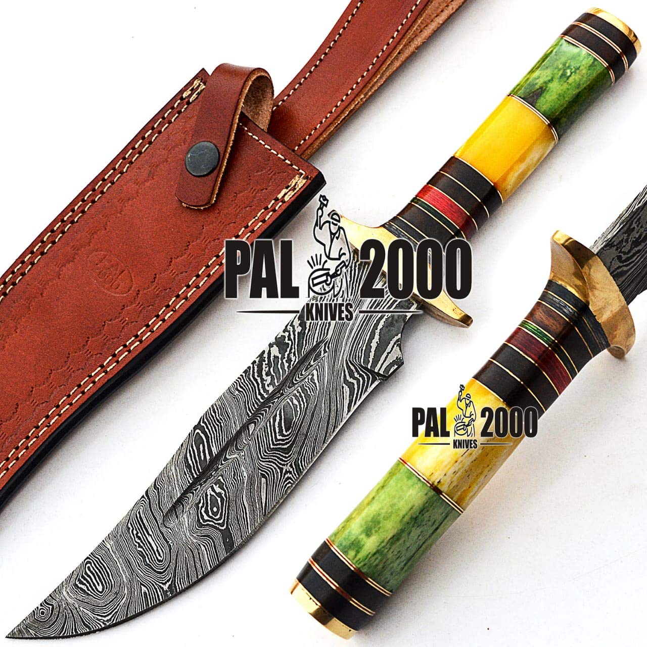 PAL 2000 KNIVES HUN-9314 Custom Handmade Damascus Steel Knife Colored Camel Bone Handle