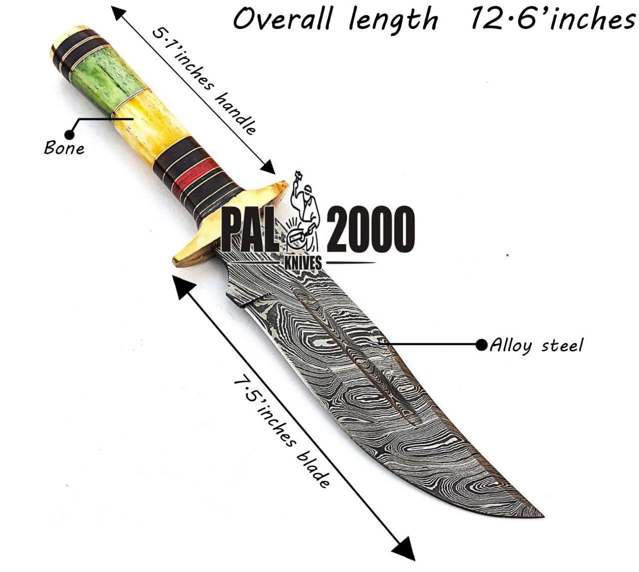 PAL 2000 KNIVES HUN-9314 Custom Handmade Damascus Steel Knife Colored Camel Bone Handle