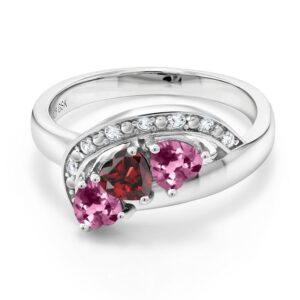 Gem Stone King 925 Sterling Silver Red Garnet and Pink Tourmaline and White Created Sapphire Engagement Ring For Women (0.79 Cttw, Gemstone January Birthstone, Heart Shape 4MM, Size 9)