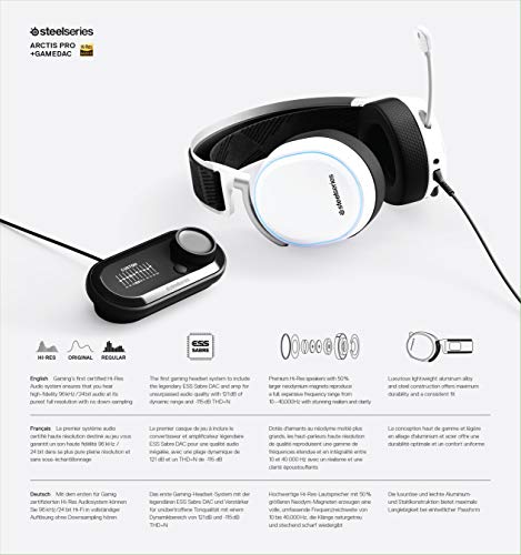 SteelSeries Arctis Pro + GameDAC Wired Gaming Headset - Certified Hi-Res Audio - Dedicated DAC and Amp - for PS5/PS4 and PC - White