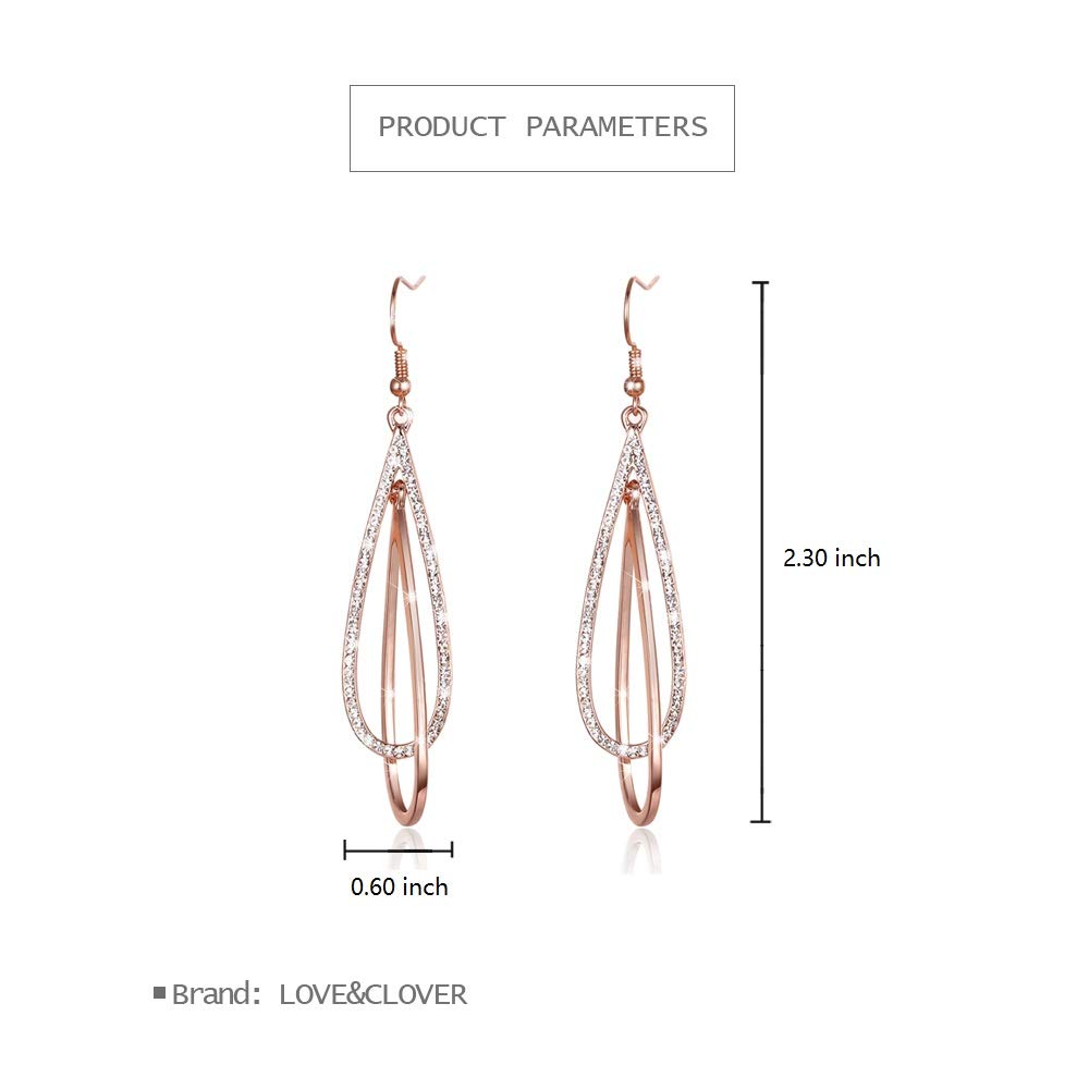 LOVE&CLOVER Earrings for women dangling, Crystal Drop Dangle Earrings Elliptical Ring Teardrop Women Wedding Gift,Rose Gold