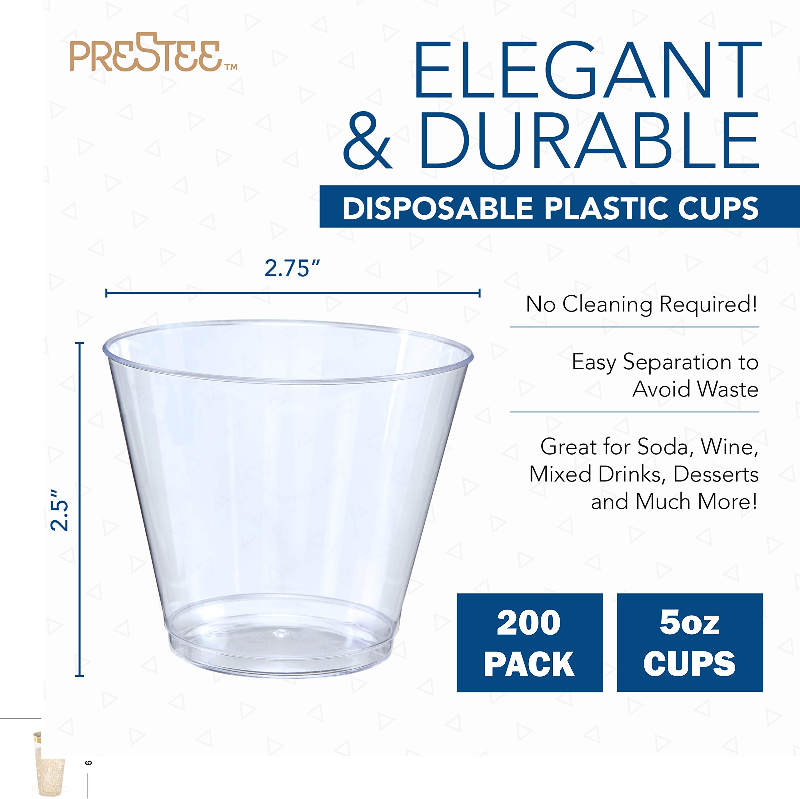 Prestee Small Clear Plastic Cup - 5 oz Plastic Cups - 200 Pack Small Plastic Cups - Hard Clear Cups - Clear Disposable Cups - Plastic Wine Cups - Plastic Cocktail Glasses - Plastic Drinking Cups