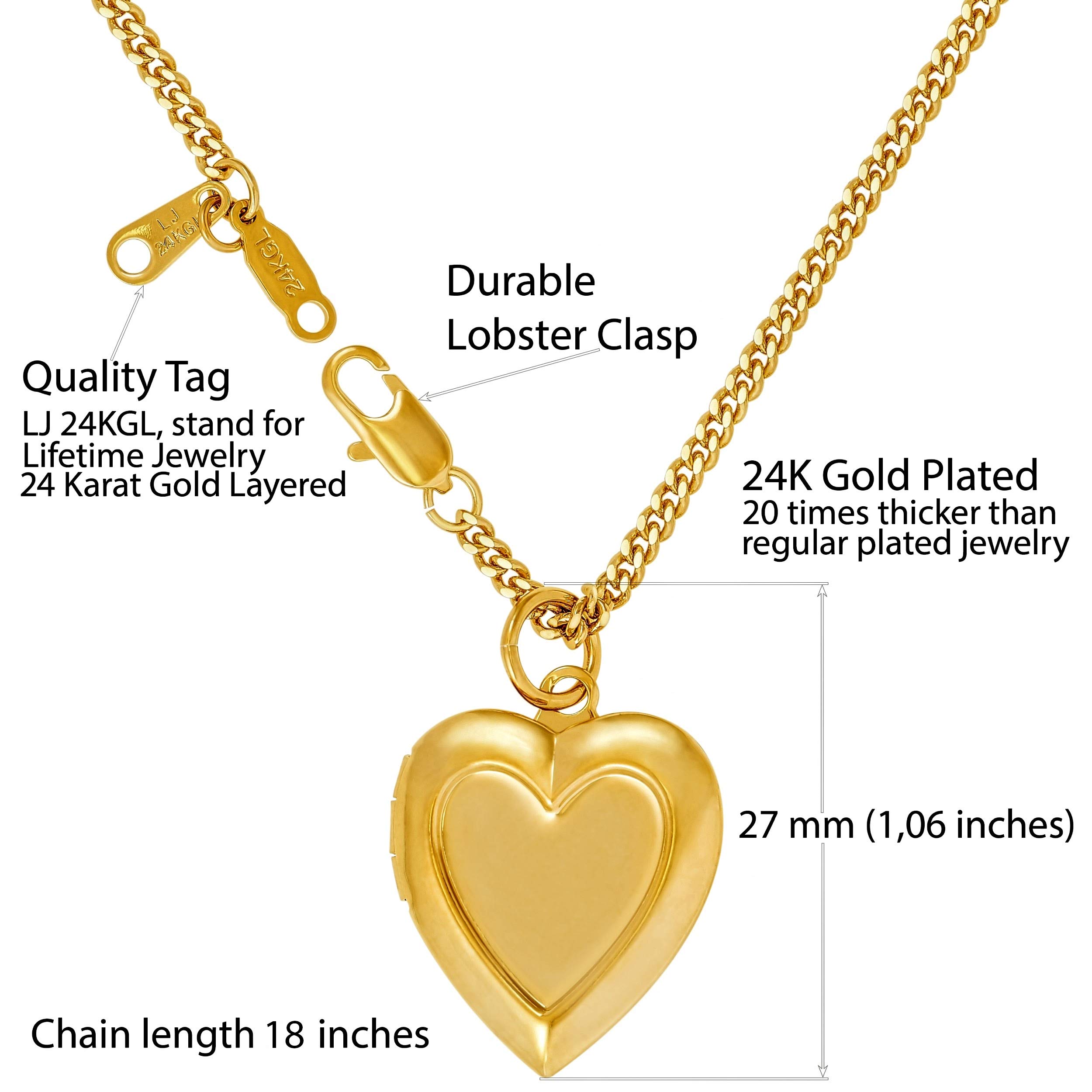 LIFETIME JEWELRY Inlaid Heart Locket Necklace for Women 24k Gold Plated