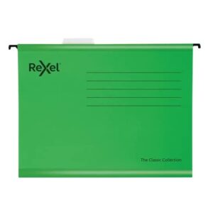 Rexel Classic Foolscap Reinforced Suspension Files for Filing Cabinets, 15 mm V Base, 100 Percent Recycled Card, Green, Pack of 25, 2115591