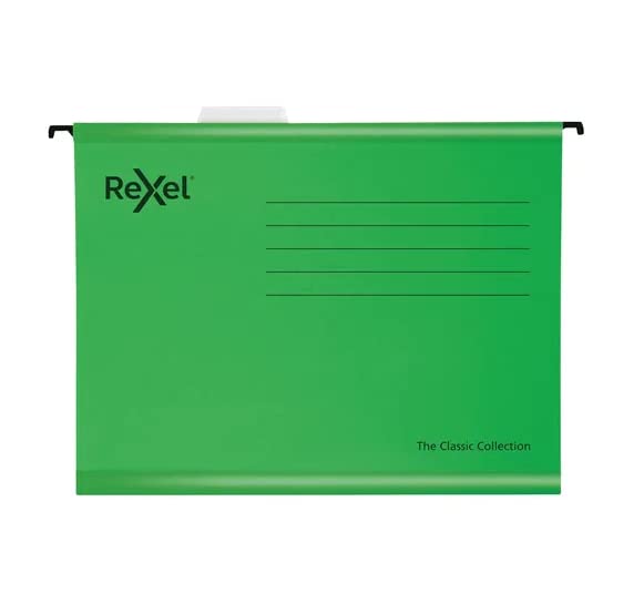 Rexel Classic Foolscap Reinforced Suspension Files for Filing Cabinets, 15 mm V Base, 100 Percent Recycled Card, Green, Pack of 25, 2115591