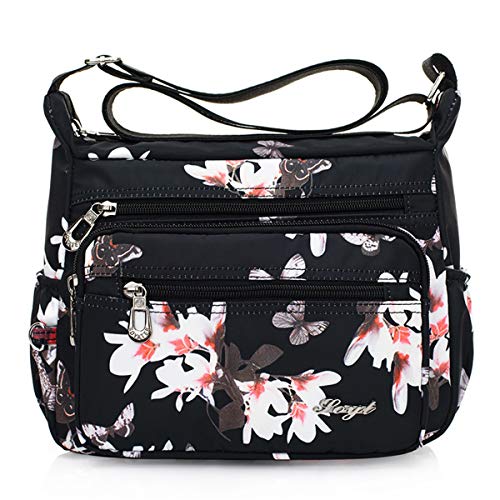 Nawoshow Nylon Floral Multi-Pocket Crossbody Purse Bags for Women Travel Shoulder Bag (Flower&Butterfly)