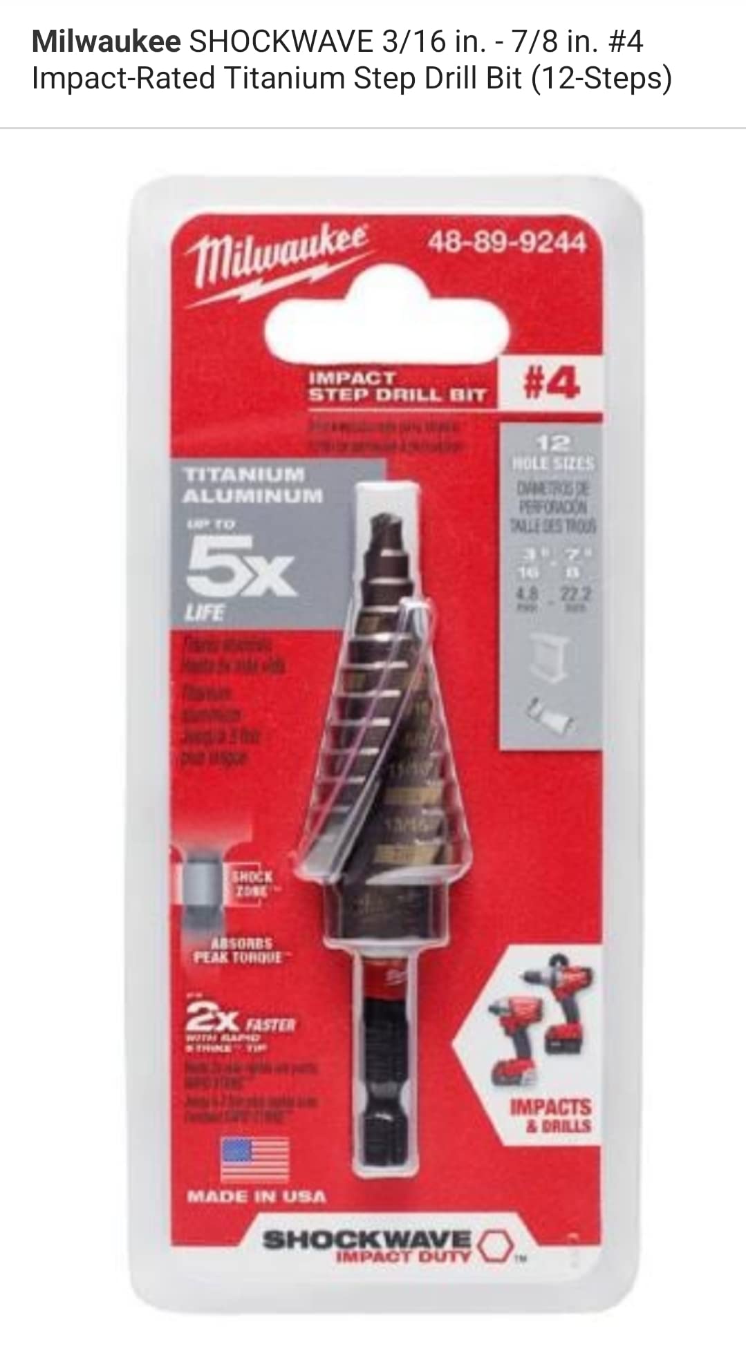 3/16 - 7/8 Impact Step Drill Bit, #4