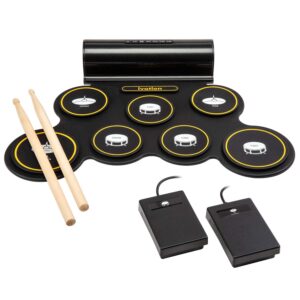 ivation portable electronic drum pad - digital roll-up touch sensitive drum practice kit - 7 labeled pads 2 foot pedals kids children beginners (with speaker and built in rechargeable battery)