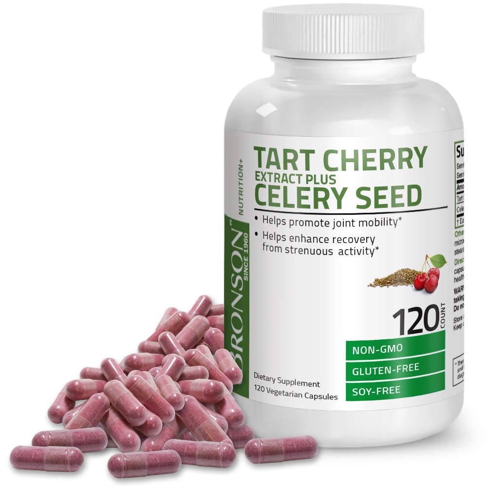 Bronson Tart Cherry Extract + Celery Seed Capsules - Powerful Uric Acid Cleanse, Joint Mobility Support & Muscle Recovery Supplement - Non GMO Formula, 120 Vegetarian Capsules