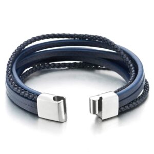 COOLSTEELANDBEYOND Mens Womens Multi-Strand Navy Blue Braided Leather Bracelet Wristband with Steel Magnetic Clasp