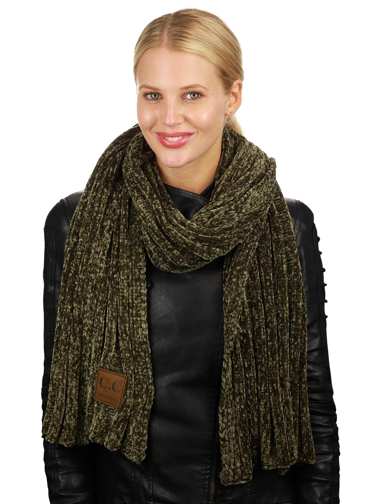 C.C Women's Ultra Soft Chenille Ribbed Thick Warm Knit Shawl Wrap Scarf-New Olive