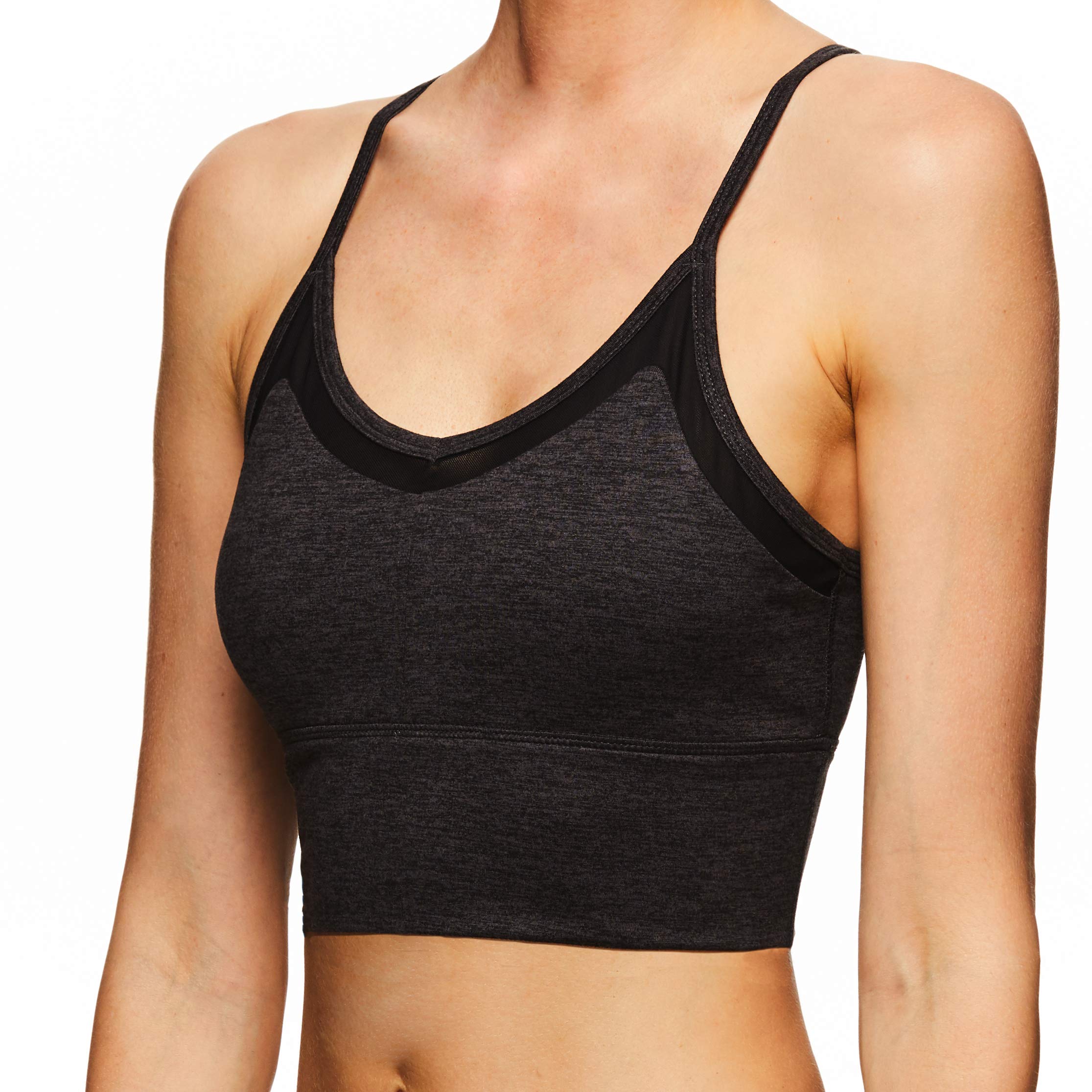 Gaiam Women's Strappy Wireless Bralette - Medium Impact Longline Racerback Workout & Yoga Sports Bra - Athena Gaiam Asphalt Heather Grey, Large