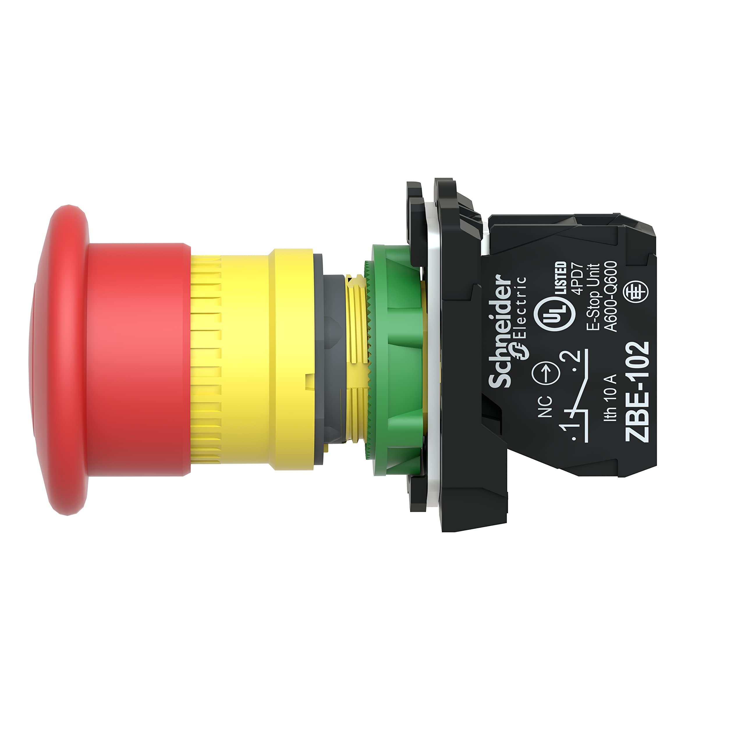 Schneider Electric XB5AT842 Emergency Stop Push Button Switch for Industrial Machinery, Plastic Bezel, Fits 22mm Diameter Cutouts, Trigger Latching Push-Pull, 1NC, 40mm Red Mushroom