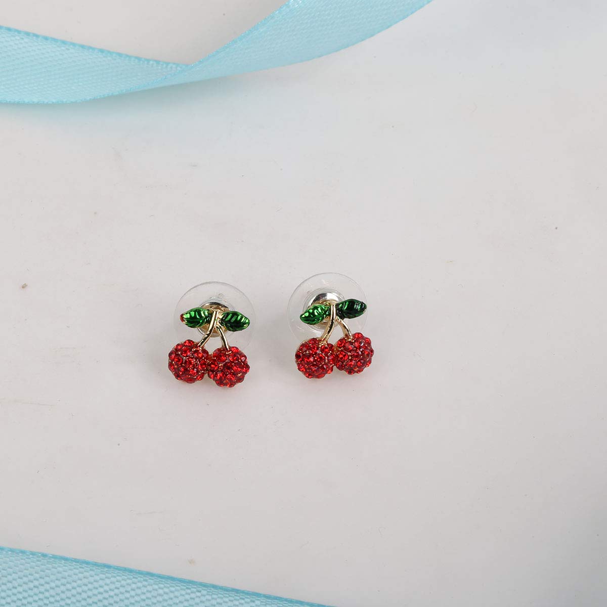 YACQ Women's Cherry Stud Earrings - Ultra Light - Lead and Nickle Free - Enamel & Crystals - Cherries De Red Fruit Charm Piercing Jewelry