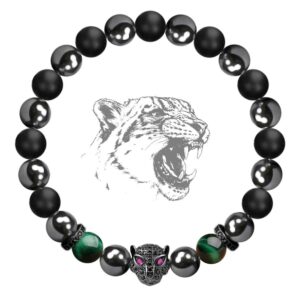 karseer black panther bracelet, matte onyx natural crystal and magnetic hematite stone beaded elastic bracelet, handmade semi-precious stone jewelry gift for men and women