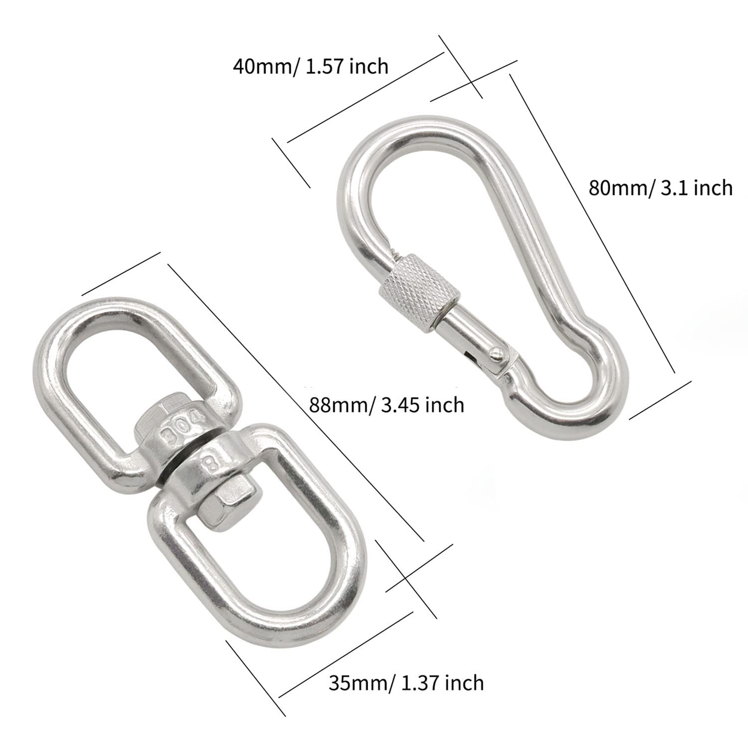 Hamineler 2Pcs M8 304-Stainless Steel Swivel Ring Double Ended Swivel Eye Hook, 2Pcs M8 Spring Hook, for Marine Mooring Swivel Tree Swing, Hanging Hammock, Hanging Rotating Device