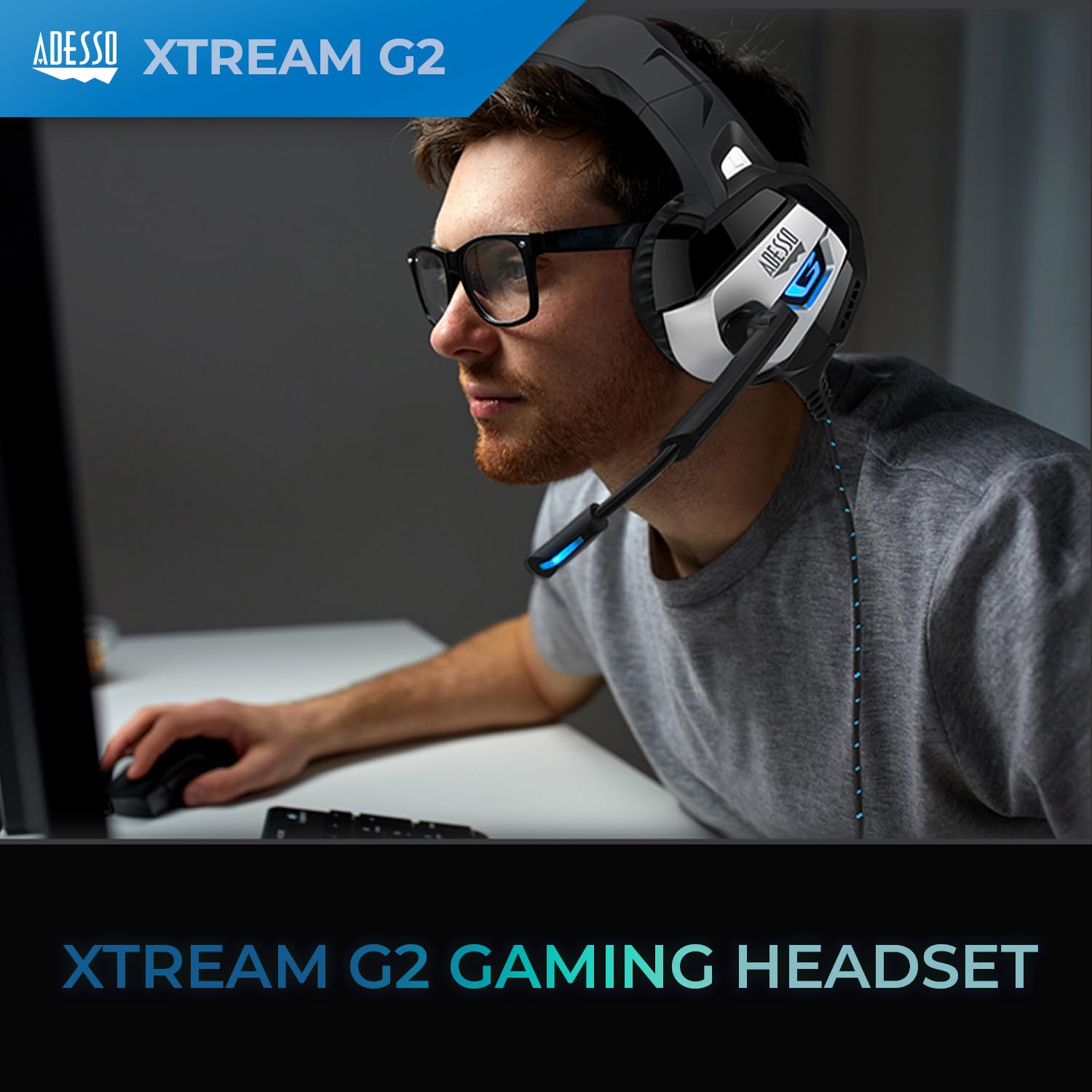 Adesso Xtream G2 - Gaming Headphones with Noise Cancelling Microphone and LED Lighting for PC, PS4, Xbox, Nintendo Switch, and Laptops, Blue, 9.00in. x 4.00in. x 9.00in.